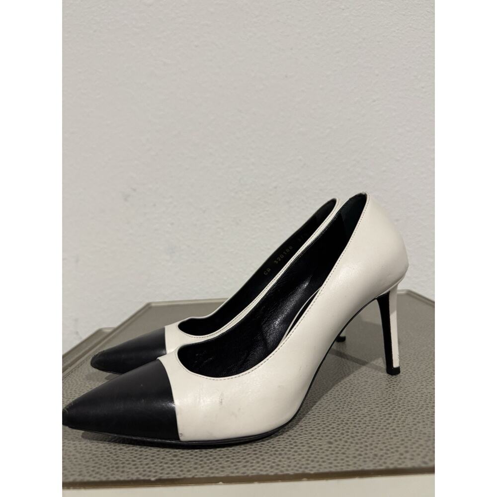 Saint Laurent White Black Cap Toe Iconic Pumps Heels Leather Women’s 37.5 / 7.5 - Picture 12 of 16